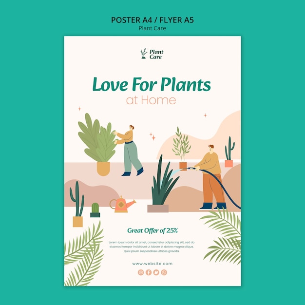 Modelo de cartaz de cuidados com plantas de design plano