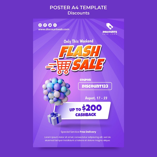 Modelo de cartaz de desconto de design plano