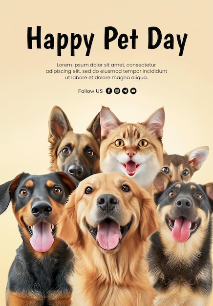 PSD modelo de cartaz de dia feliz de animais de estimação com fundo isolado de cão e gato