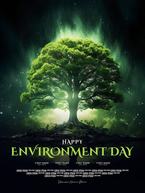 PSD modelo de cartaz de dia feliz do meio ambiente com grande árvore verde