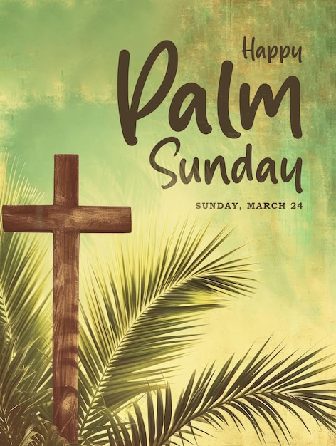 PSD modelo de cartaz de domingo com cruz e palmeira em fundo vintage
