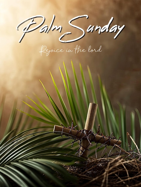PSD modelo de cartaz de domingo de palmeira com coroa de espinhos cruz e folhas de palmeira domingo de palmeira e dia de páscoa.