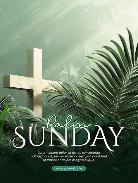 PSD modelo de cartaz de domingo de palmeira com fundo de cruzes e folhas de palmeira