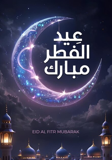 PSD modelo de cartaz de eid al fitr com fundo de crescente à noite