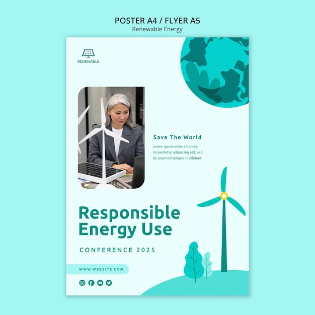 Modelo de cartaz de energia renovável de design plano