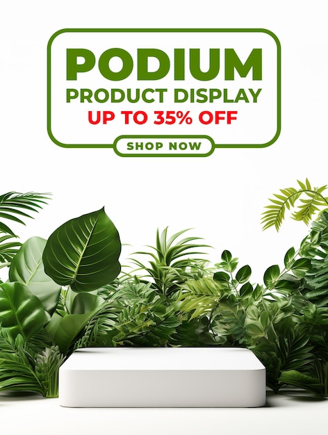 PSD modelo de cartaz de exibição de produto de pódio com folhas da natureza em fundo branco pódio vazio
