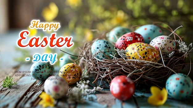 Modelo de cartaz de feliz dia de Páscoa com um fundo de ovos coloridos e coelhos no prado