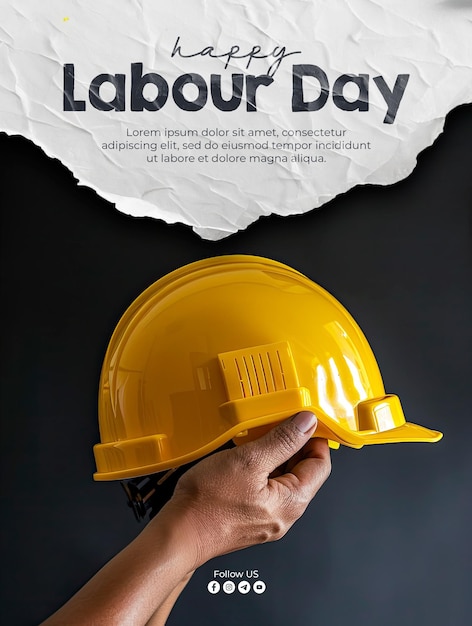 PSD modelo de cartaz de feliz dia do trabalho com uma mão de trabalhador segurando um capacete de projeto amarelo como fundo