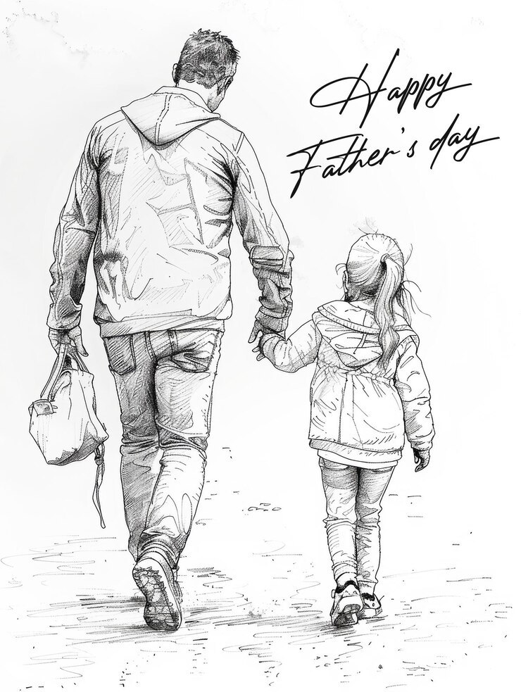 PSD modelo de cartaz de feliz dia dos pais com linha de desenho de fundo sobre pai e filha checkhand