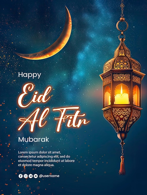 Modelo de cartaz de feliz eid al fitr com um fundo de lanterna