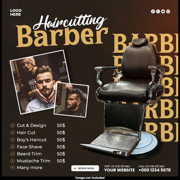 Modelo de cartaz de mídia social de barbearia e banner de postagem de corte de cabelo no Instagram