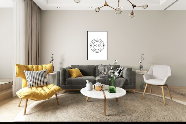 Modelo de cartaz de moldura com o interior da sala