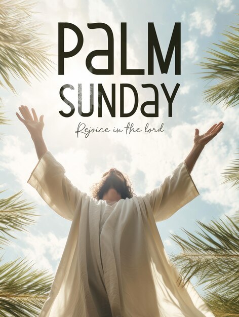 PSD modelo de cartaz de palma de domingo com louvando jesus em pano de linho branco soprado pelo sol.
