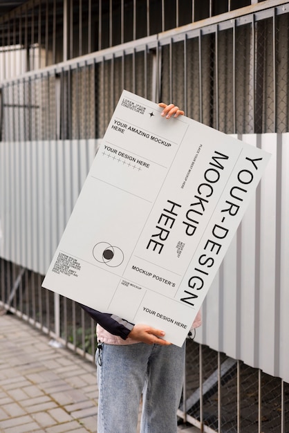 Modelo de cartaz de pessoa segurando