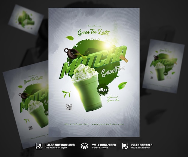 PSD modelo de cartaz de promoção de menu de bebida de chá matcha