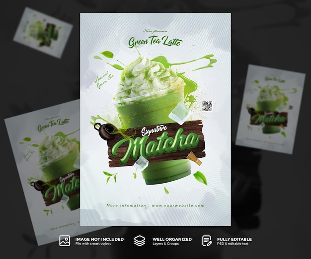 PSD modelo de cartaz de promoção de menu de bebidas de café matcha criativo