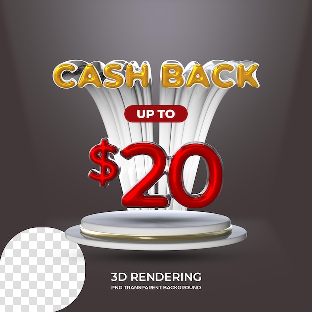 Modelo de cartaz de promoção de venda em dinheiro de volta renderização 3d de 20 dólares