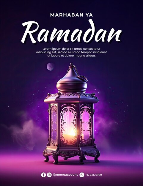 Modelo de cartaz de ramadã com em um fundo pastel roxo uma lanterna de ramadão no branco