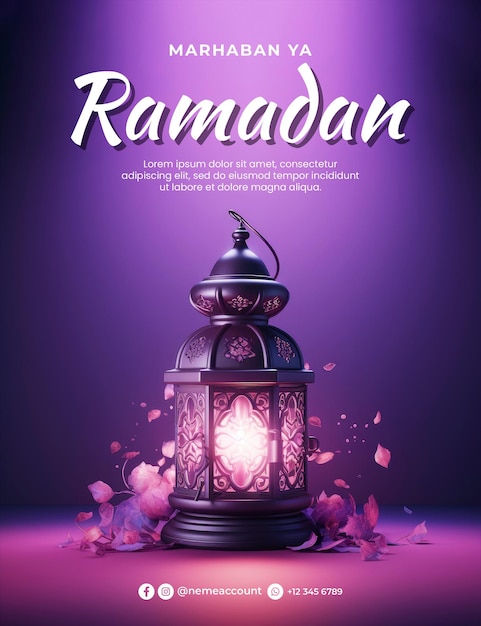 Modelo de cartaz de ramadã com em um fundo pastel roxo uma lanterna de ramadão no branco