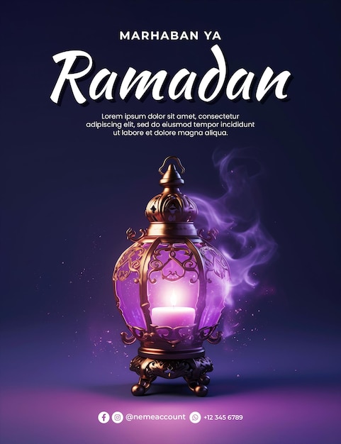 Modelo de cartaz de ramadã com em um fundo pastel roxo uma lanterna de ramadão no branco