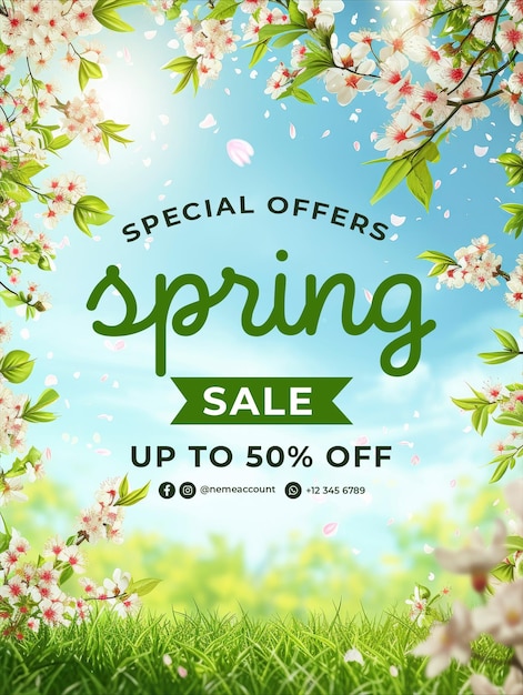 Modelo de cartaz de venda de primavera com com um fundo de flores e grama na primavera