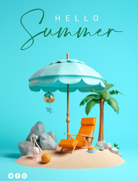 Modelo de cartaz de verão PSD na moda cartaz de verão com fundo azul