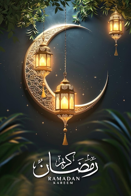 Modelo de cartaz do ramadan e postagem nas mídias sociais com fundo realista de mesquita e lanterna.