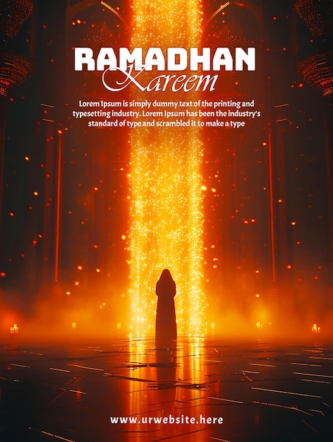 Modelo de cartaz do Ramadan Kareem com a silhueta de um homem muçulmano orando cercado por luz