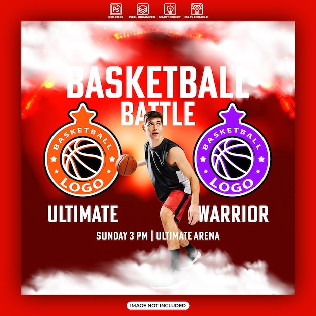 Modelo de cartaz e bandeira de batalha de basquete