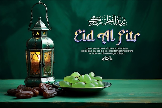 Modelo de cartaz feliz do eid al-fitr com um prato de tâmaras e uma lanterna islâmica tradicional