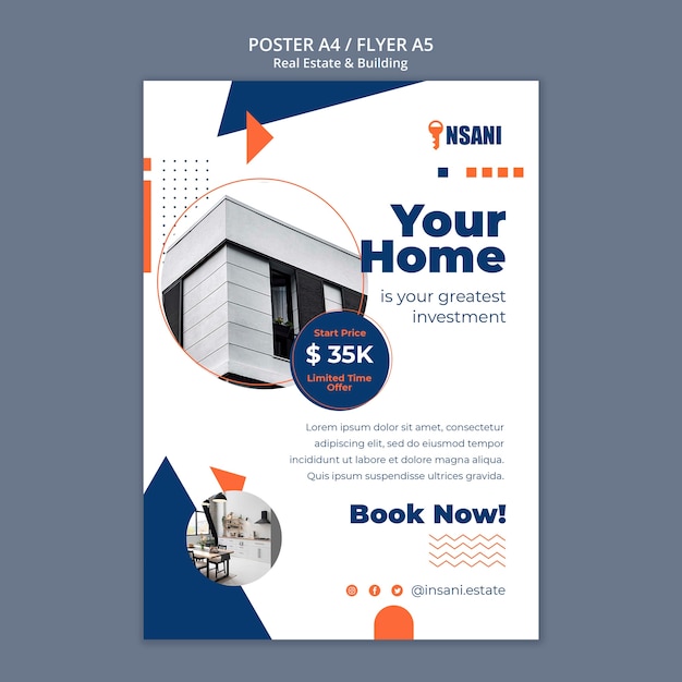 Modelo de cartaz imobiliário de design plano