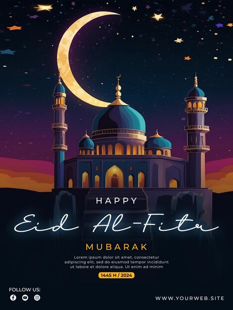 PSD modelo de cartaz psd feliz eid alfitr com fundo de mesquita