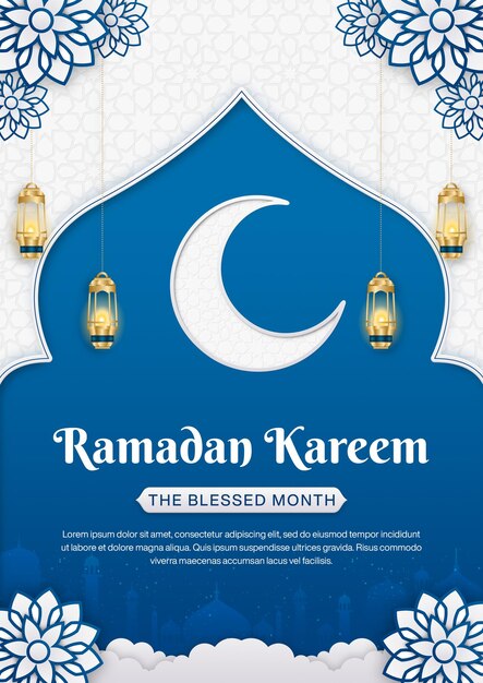 Modelo de cartaz realista de Ramadan Kareem com fundo islâmico
