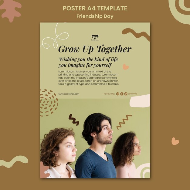 Modelo de cartaz vertical do dia da amizade com formas abstratas e folhas