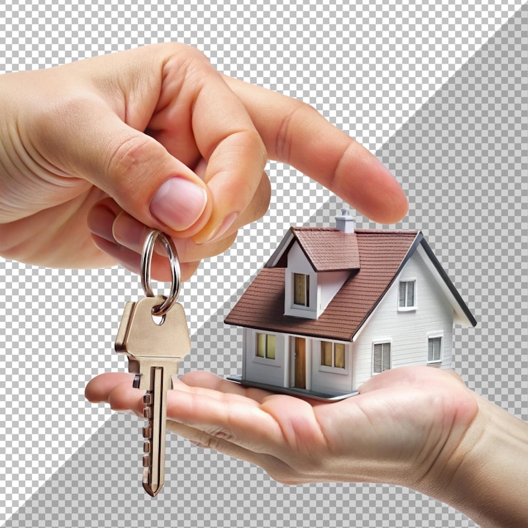 PSD modelo de casa moderna com chave na mão em fundo transparente para conceitos imobiliários