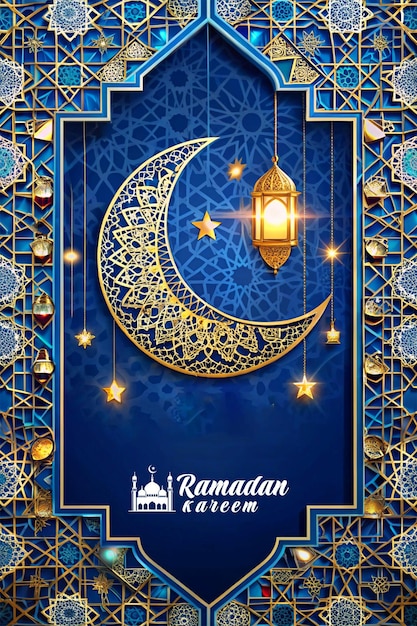Modelo de celebração do Ramadan Kareem em tema azul