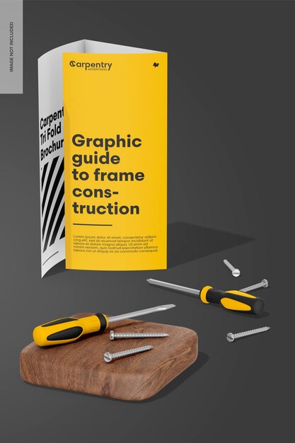 PSD modelo de cena de brochura de carpintaria com três dobras vista direita