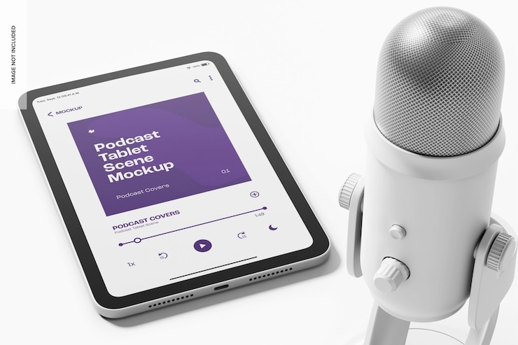 PSD modelo de cena de tablet podcast, perspectiva