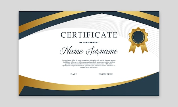 Modelo de certificado de realização com desenho dourado e azul da marinha