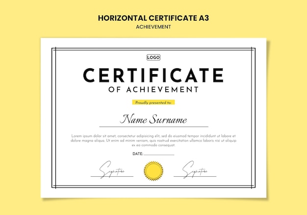 Modelo de certificado de realização elegante com bordas clássicas e tipografia moderna