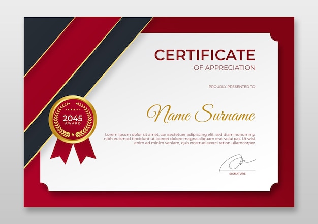 Modelo de certificado moderno de gradiente Certificado de emblema de ouro vermelho de luxo do modelo de realização