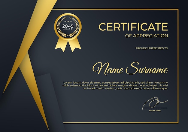 Modelo de certificado simples e moderno em ouro preto para seminário on-line sobre educação corporativa corporativa