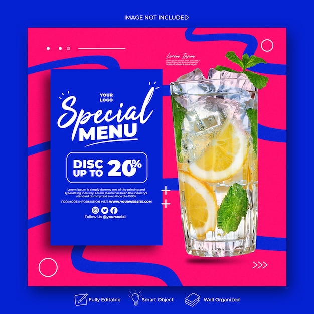 PSD modelo de comida de menu para promoção de mídia social