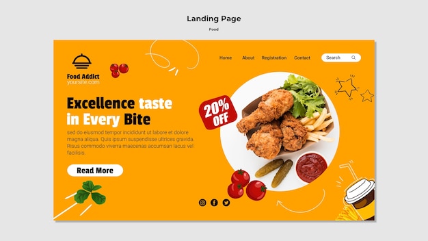 Modelo de comida para página de destino de design plano