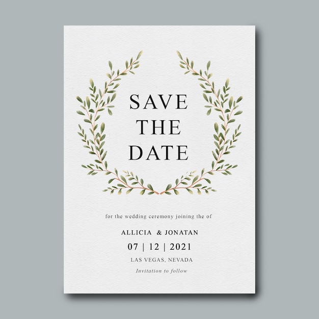 Modelo de convite de casamento com decoração de folhas em aquarela
