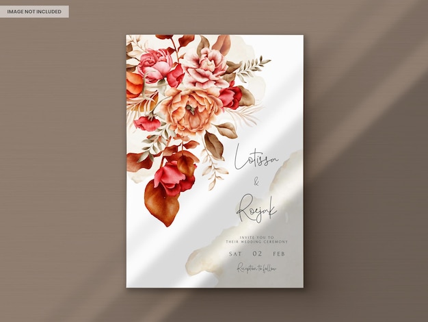 PSD modelo de convite de casamento com elegantes aquarelas marrons rosas