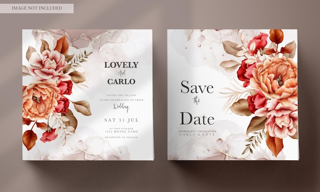 modelo de convite de casamento com elegantes aquarelas marrons rosas