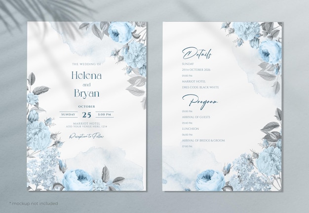 PSD modelo de convite de casamento com floral azul romântico