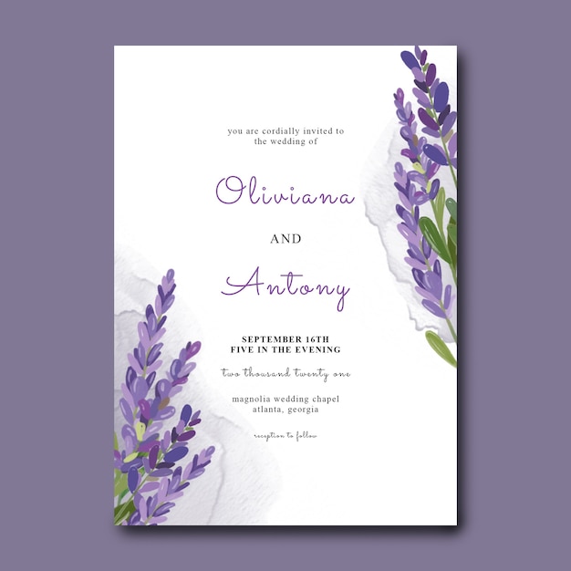 Modelo de convite de casamento com flores em aquarela de lavanda