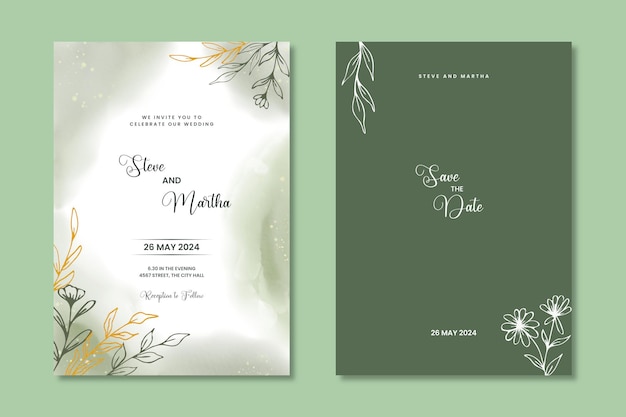 modelo de convite de casamento com folhas e flores desenhadas à mão em fundo aquarela suave
